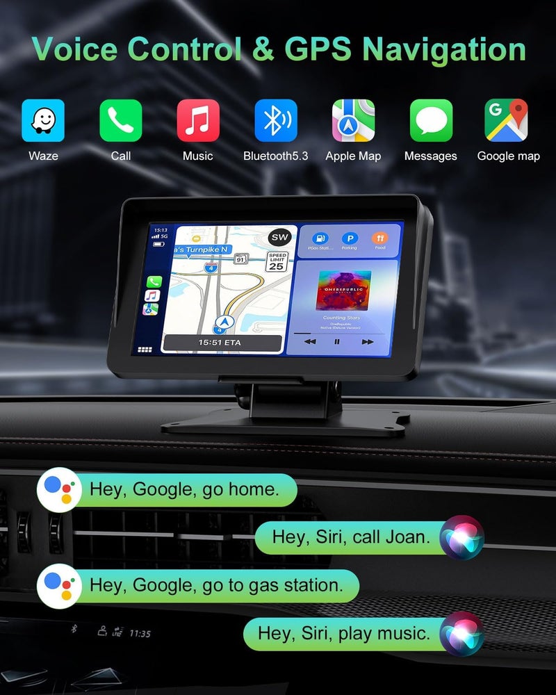 25HOURS Apple Carplay Screen for Car, 7" HD Portable Wireless Apple Carplay & Android Auto Touchscreen, with 1080P Backup Camera, Car Play Screen Tablet, GPS Navigation/Mirror Link/Bluetooth/FM/Voice Control - Image 3